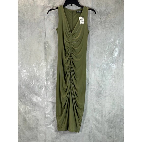 INC Women's Burnt Olive V-Neck Ruched Sleeveless Bodycon Midi Dress SZ XS - Picture 2 of 10